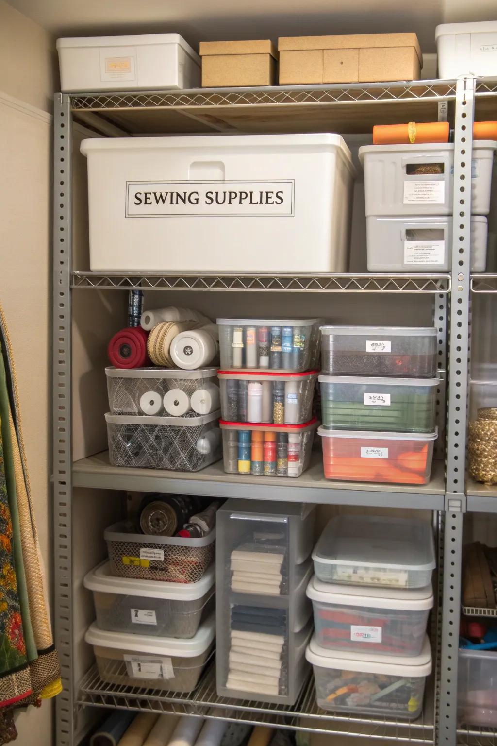 Labeled storage boxes for easy identification of sewing supplies.