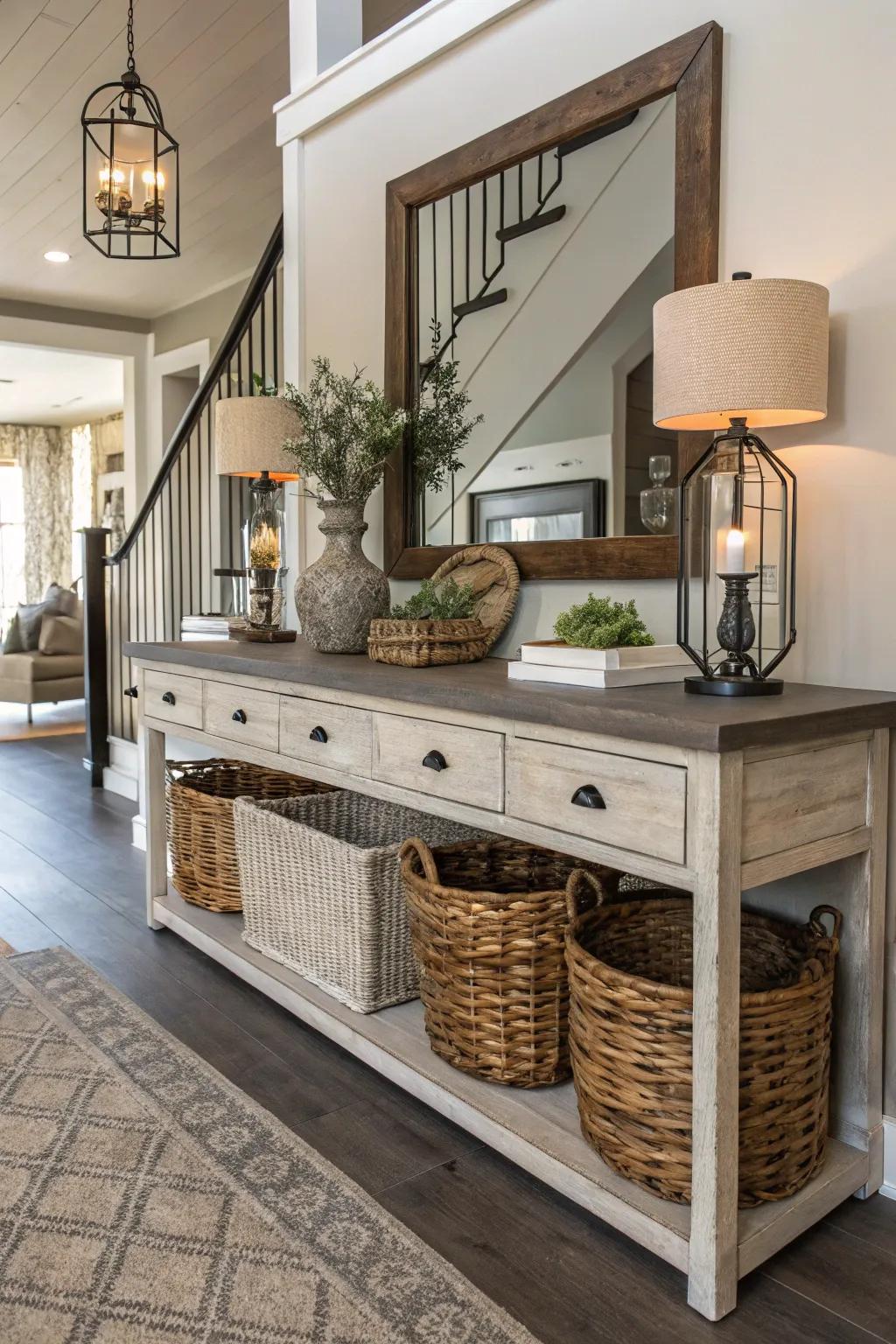 Woven baskets offer both storage and a touch of rustic charm.