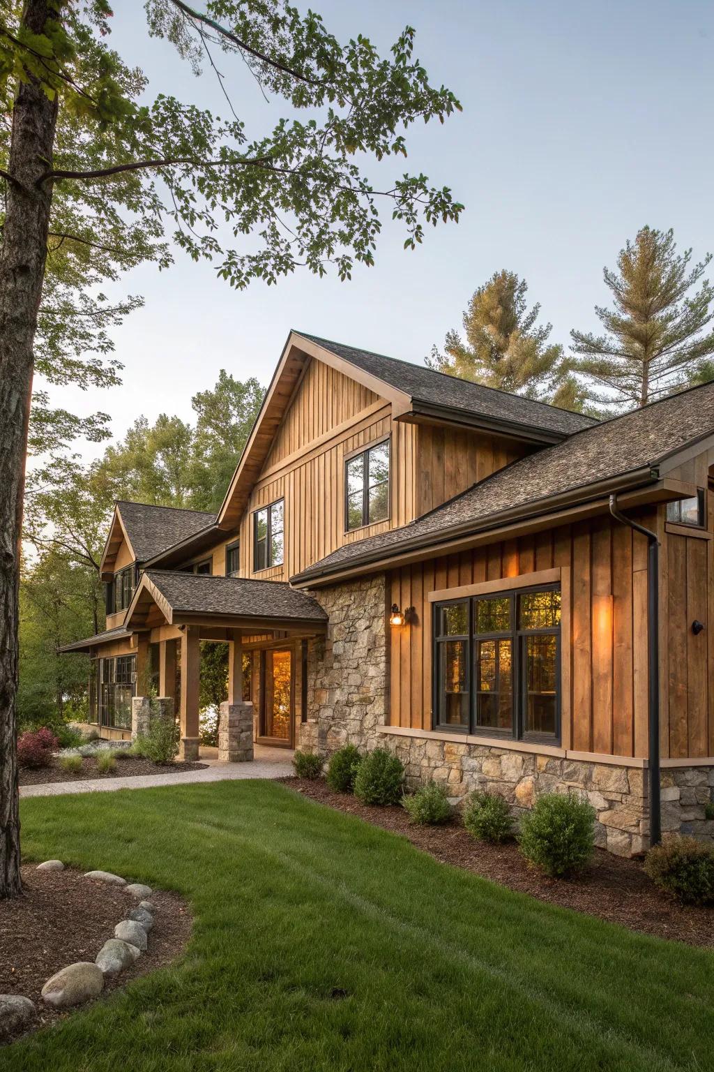 A rustic home with charming wood-look siding.