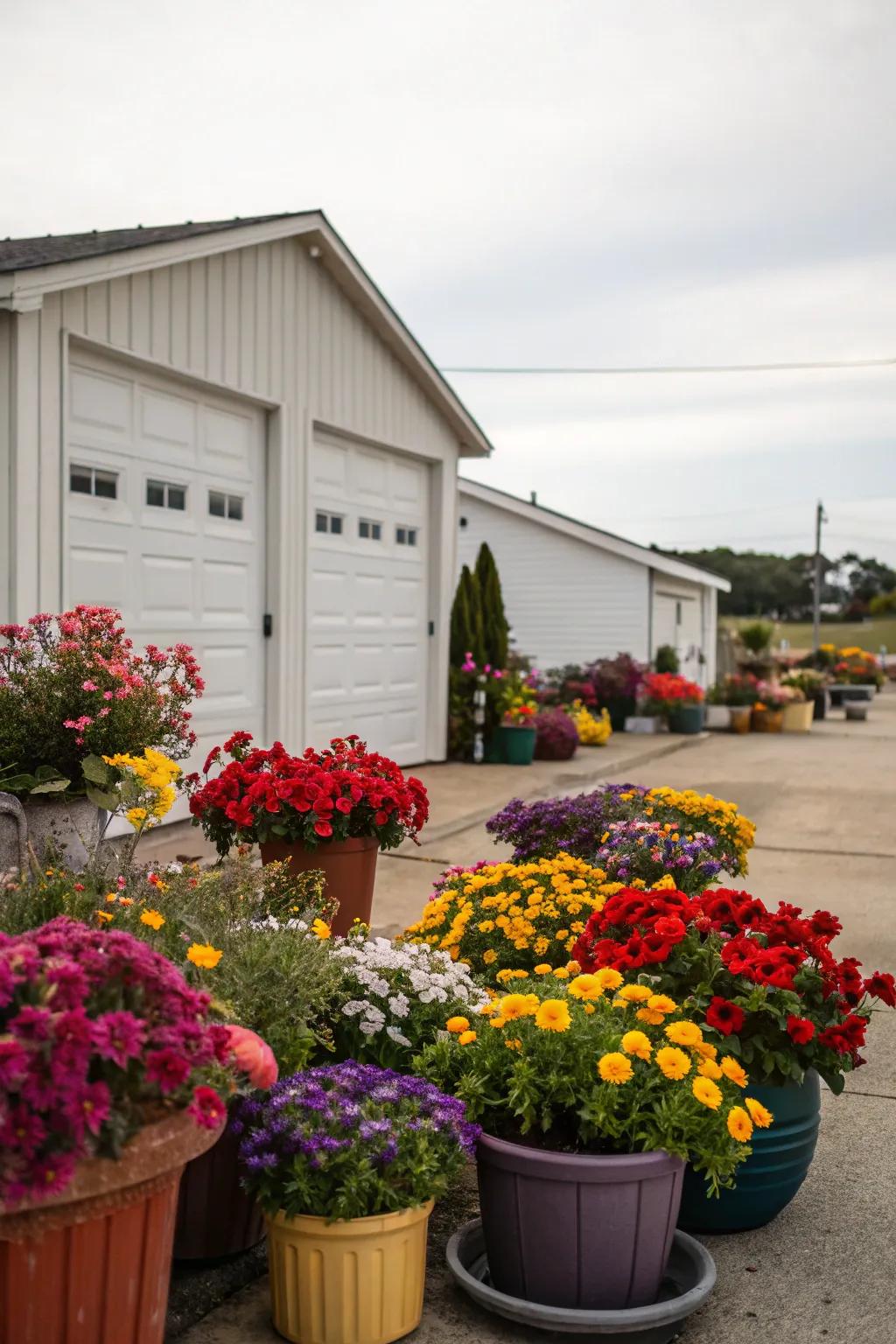A burst of color with vibrant floral displays in front of the garage.