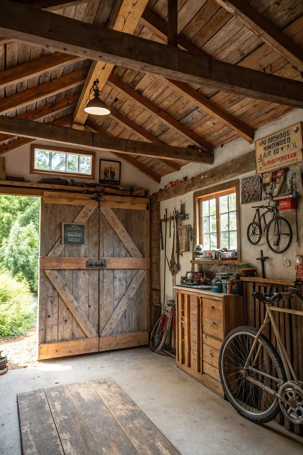 A versatile loft space within a rustic garage.