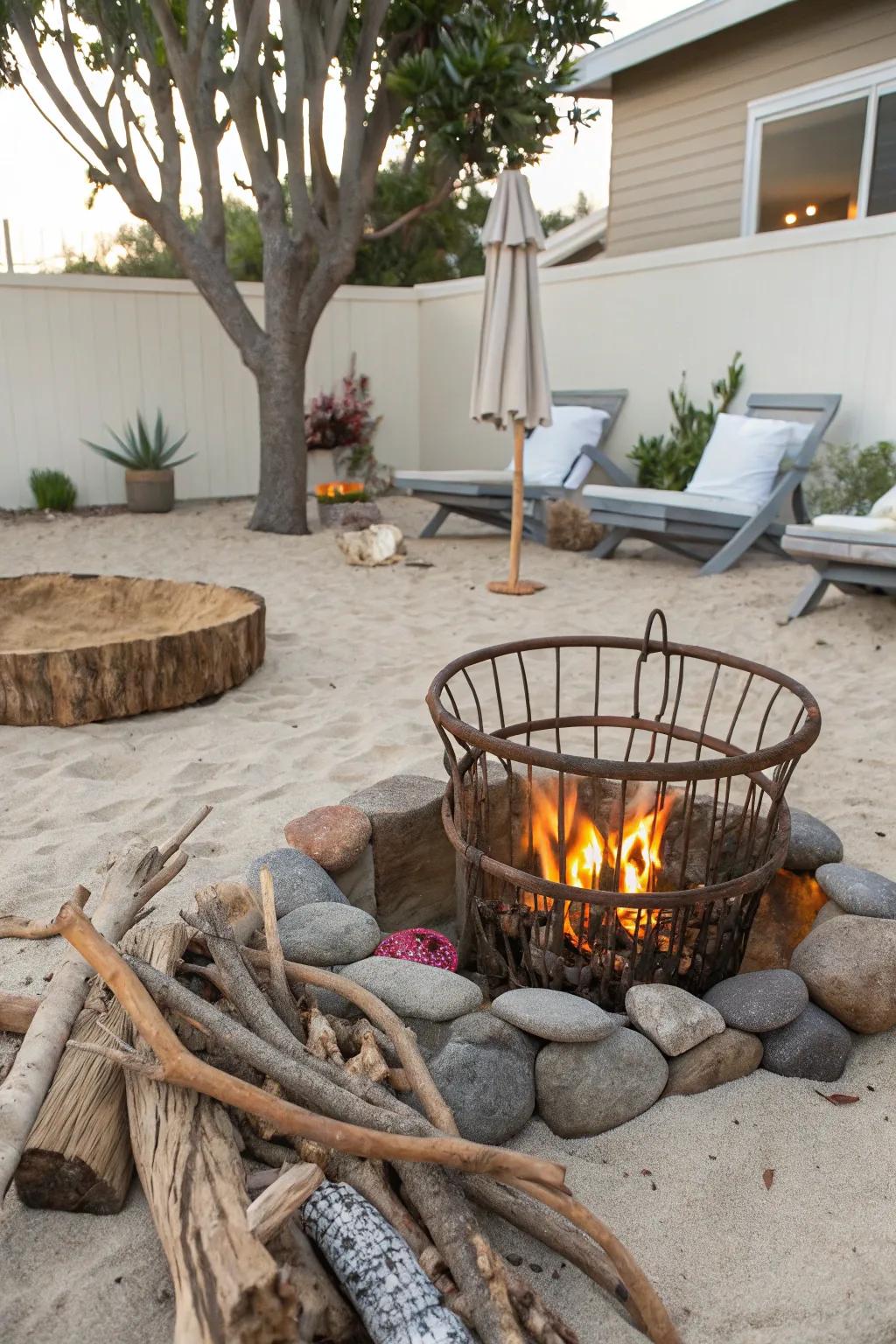 A backyard fire pit basket creating a beachside vibe with sand and driftwood.