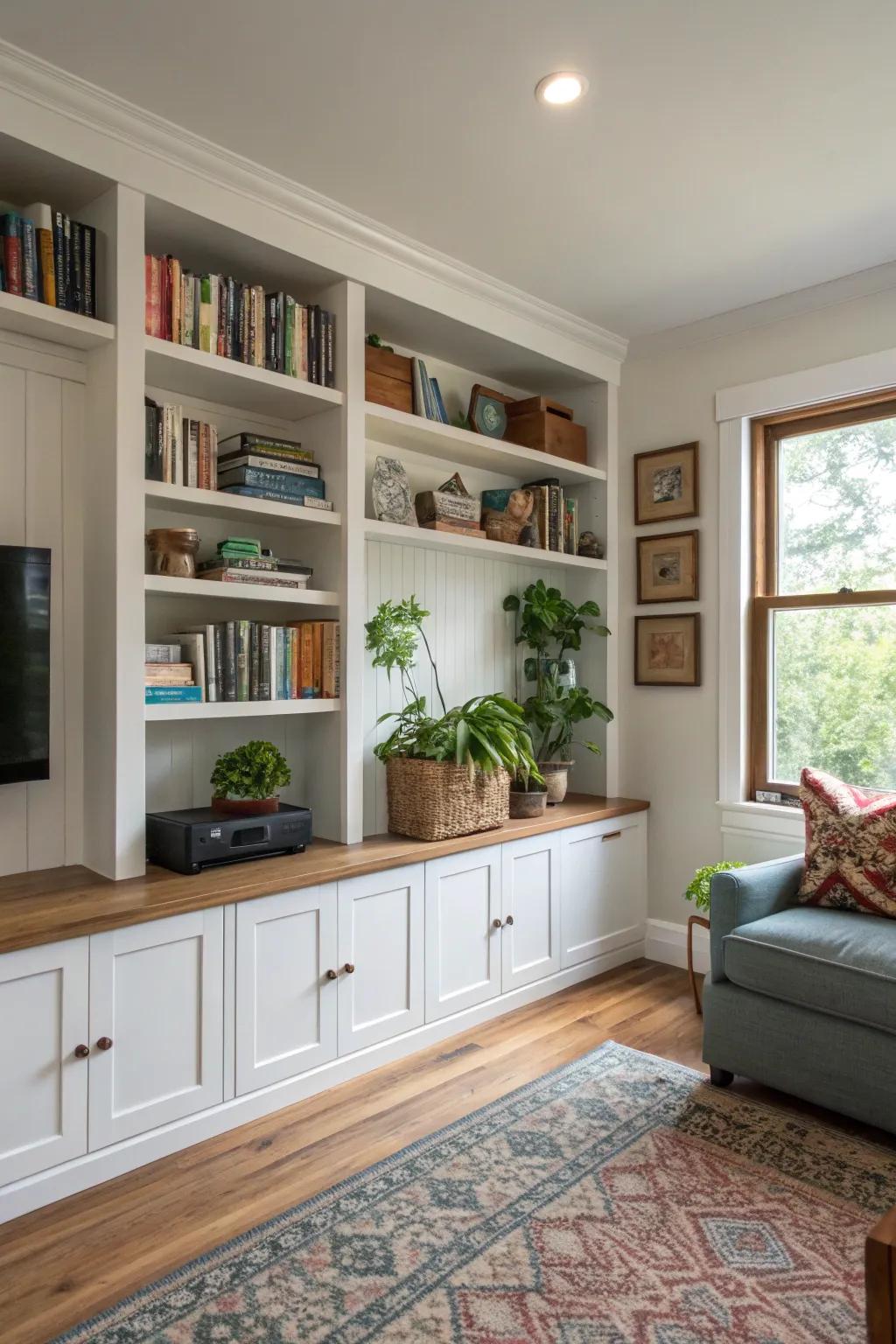 Clever storage solutions maintain a tidy and stylish space.