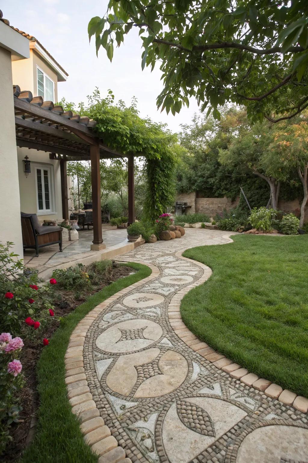 Pebble mosaic paths offer functional artistry in transitions.