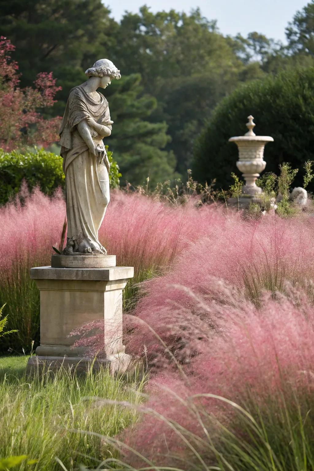 Enhance garden features with a frame of pink muhly grass.