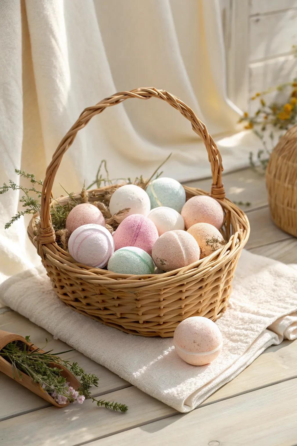 Elevate your gift-giving with a charming basket of artisanal bath bombs, blending simplicity with boho elegance.