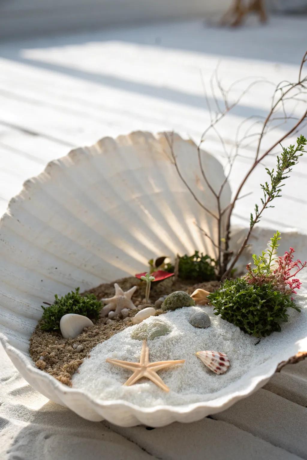 Discover the serene beauty of a coastal fairy retreat nestled in a giant seashell.