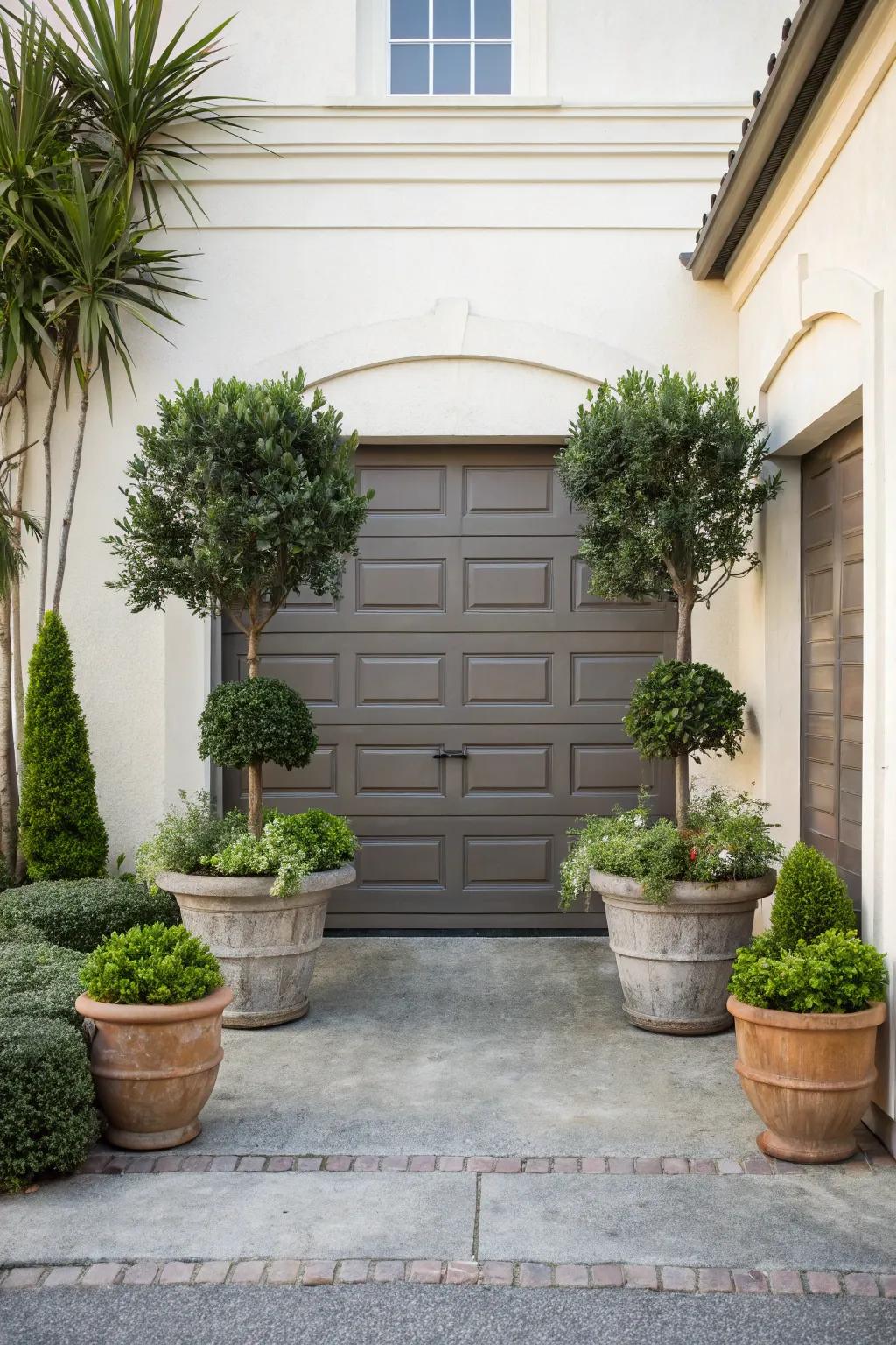 Symmetrical plant arrangements adding balance to the garage entrance.