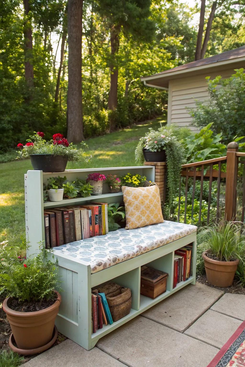 A repurposed bookshelf turned into a functional storage bench.