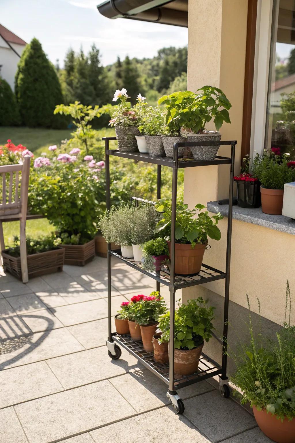 A wheeled metal shelving unit on a patio, loaded with herb pots, allows for flexible garden arrangement.