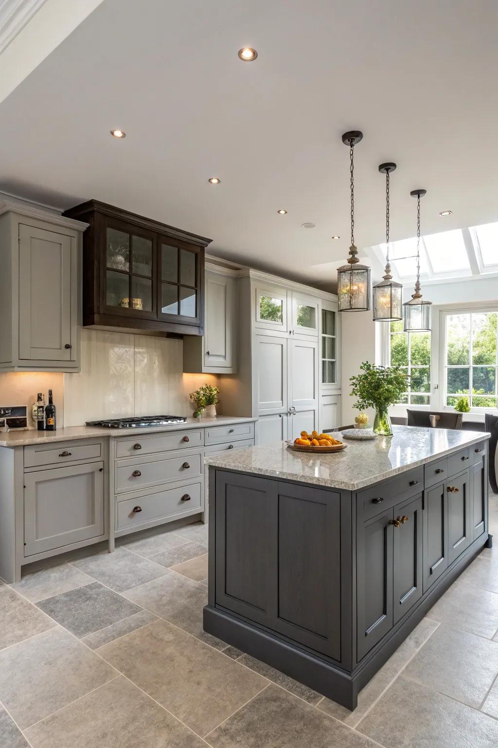 Create depth by mixing light and dark grey cabinet shades.