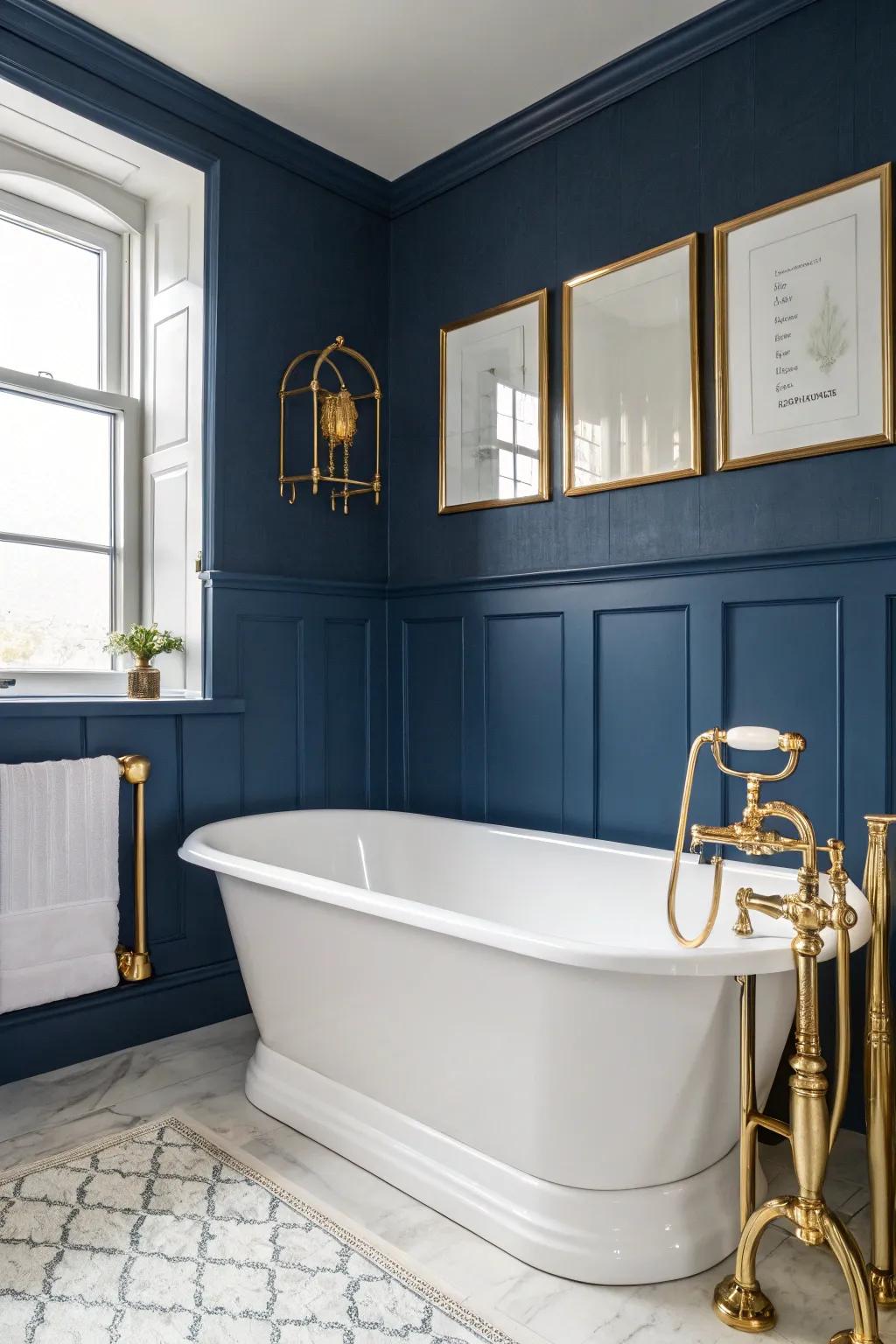 White elements balance the boldness of blue and gold.