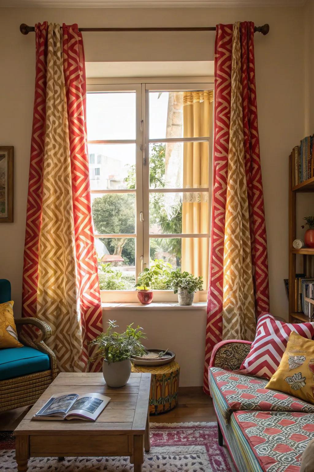 Bold patterns on curtains making a statement in a vibrant space.