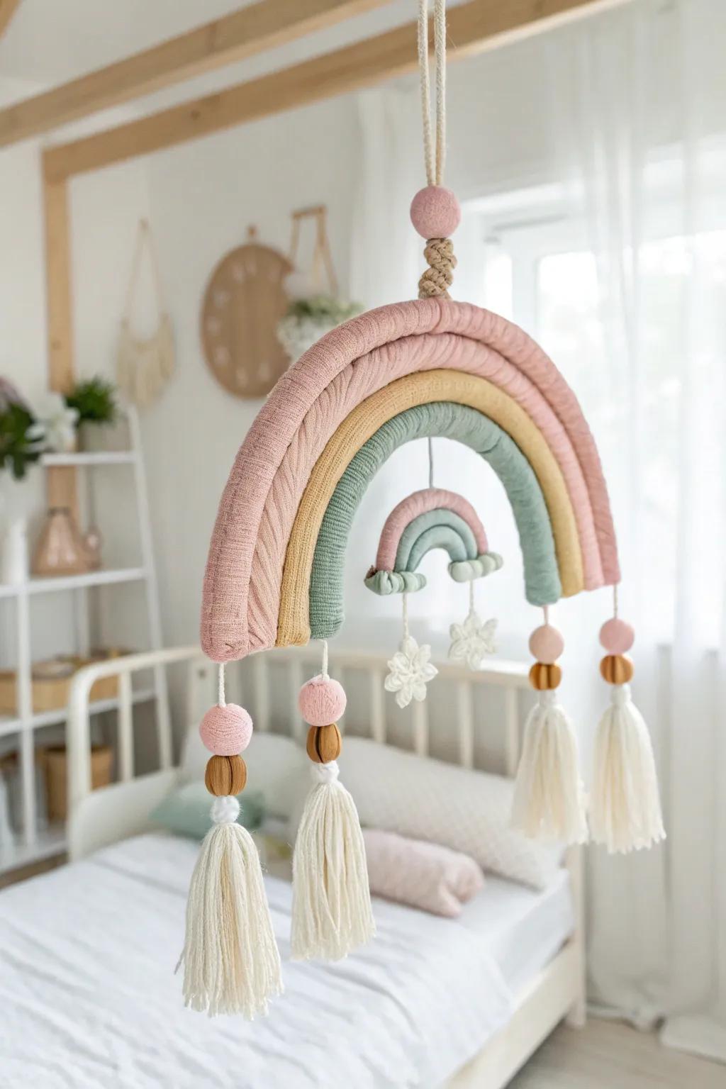 Add a whimsical touch to your girl's room with this charming DIY rainbow mobile, perfect for a serene and stylish space.