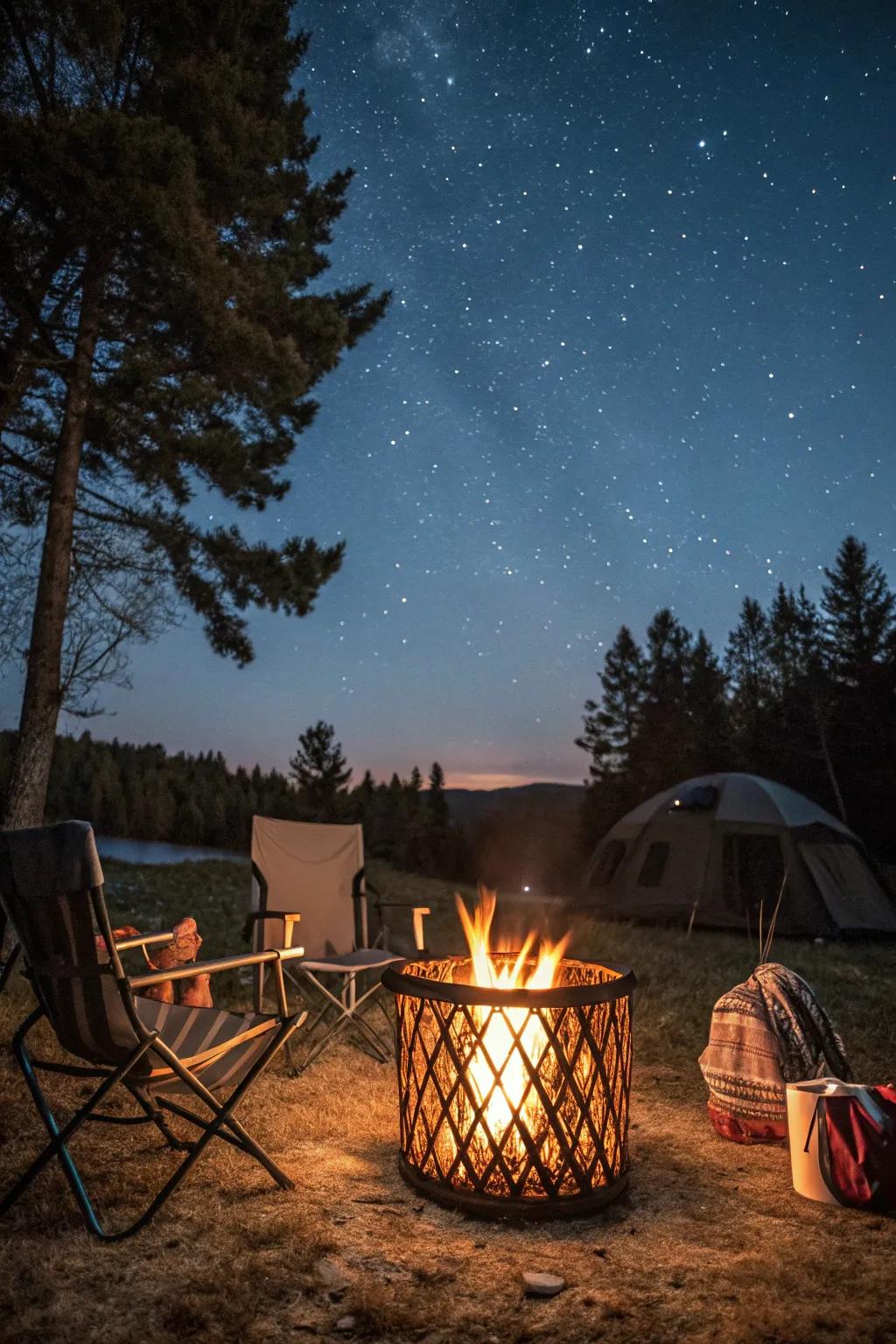 A portable fire pit basket, offering warmth for camping under the stars.