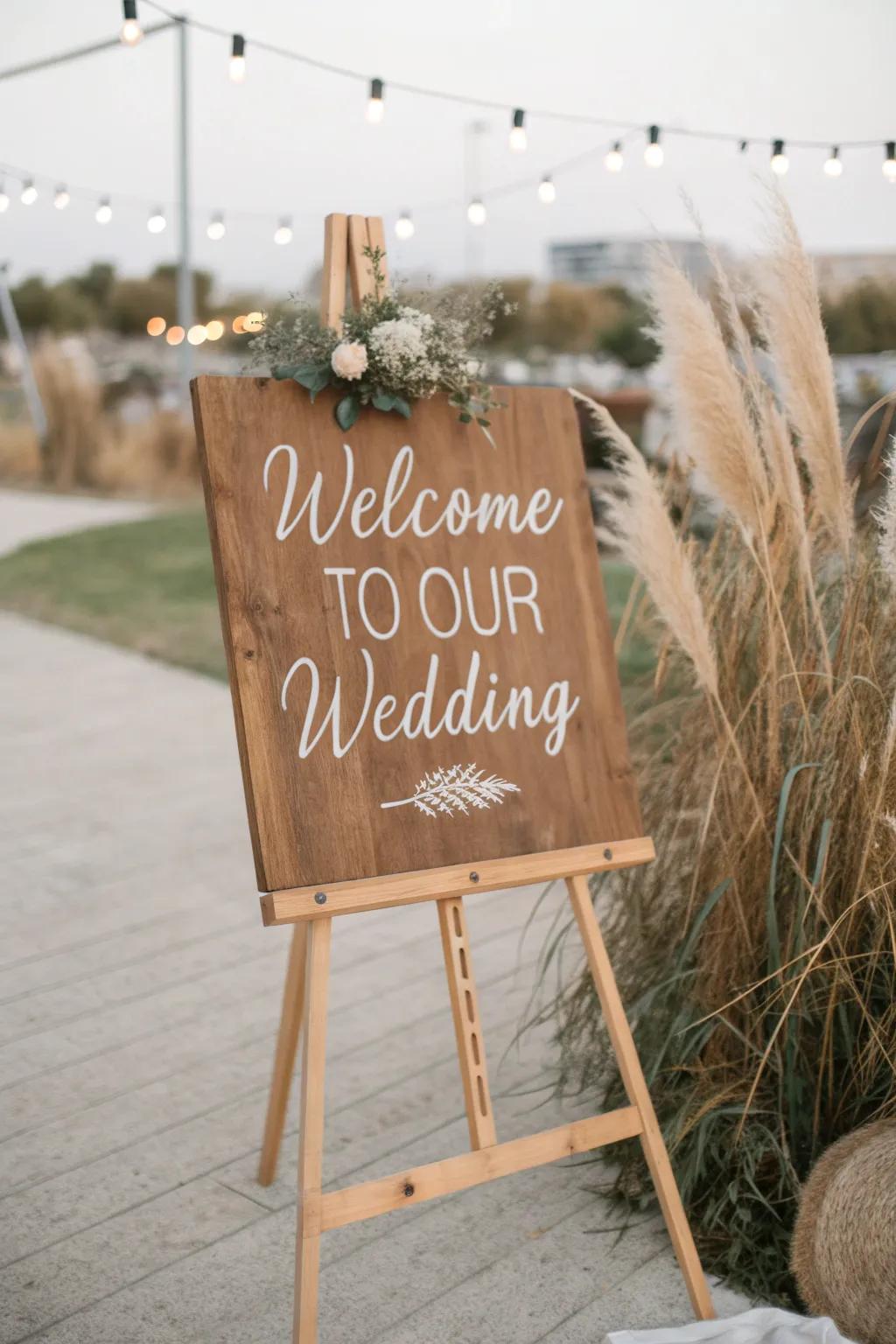Add a touch of rustic elegance with a handcrafted wedding sign that speaks from the heart.