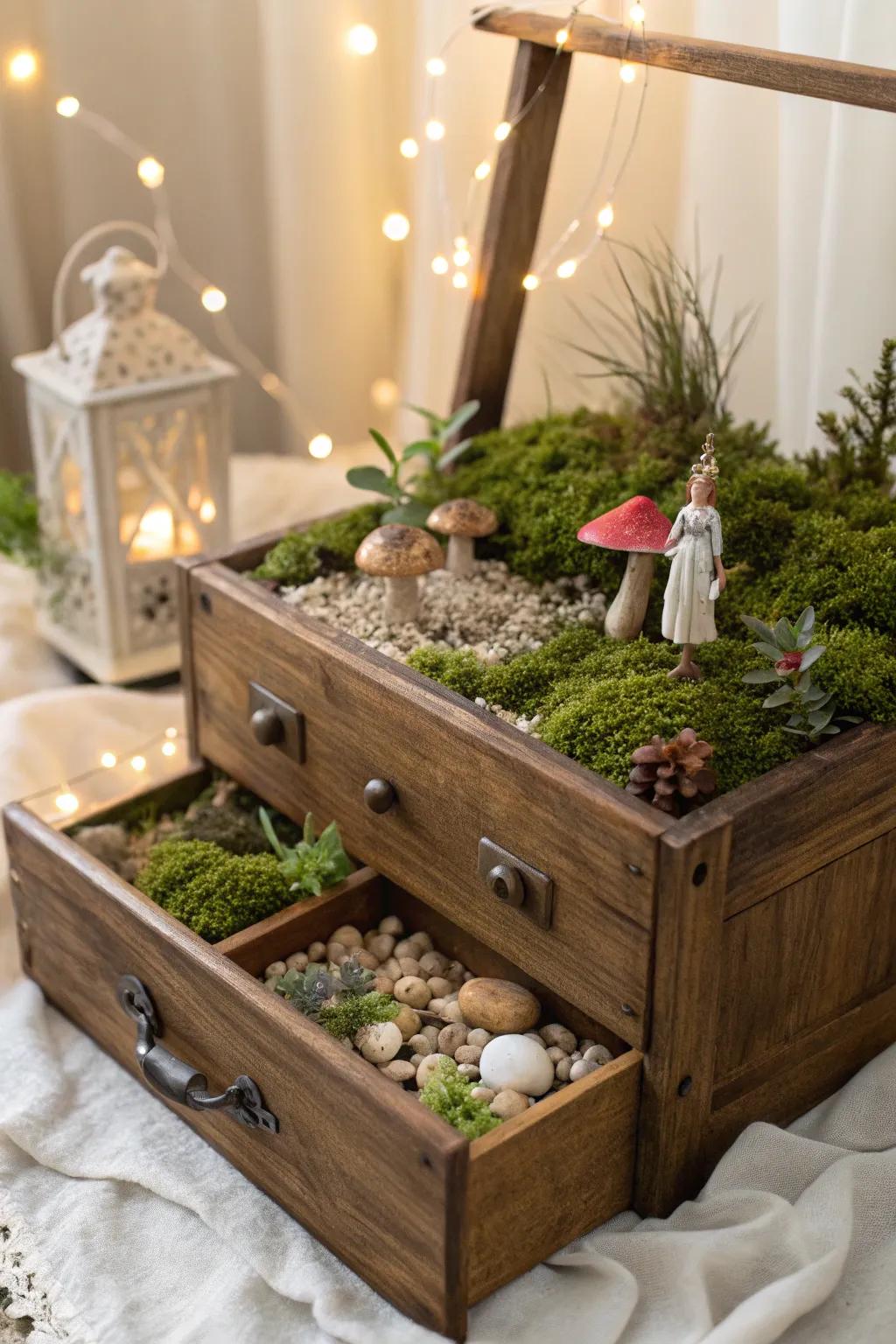 Transform vintage charm into a whimsical fairy tale with this antique drawer fairy garden, a perfect blend of simplicity and enchantment.