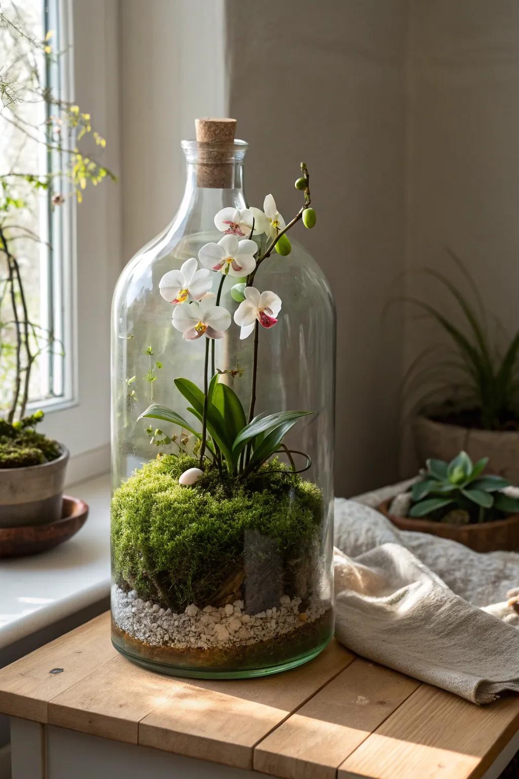 Discover the beauty of nature with a touch of elegance: a DIY orchid terrarium in a repurposed bottle, perfect for adding a minimalist charm to your space.