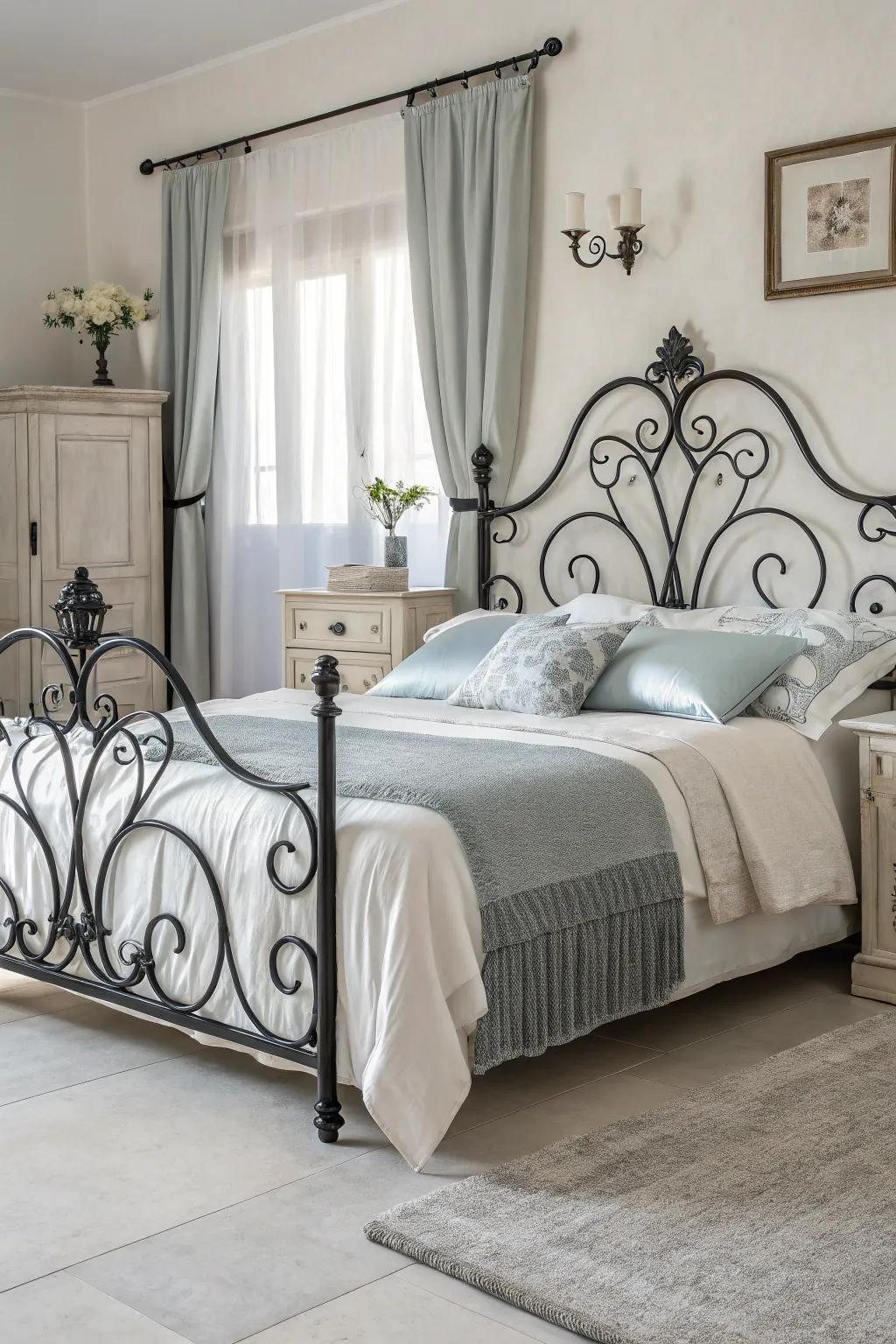 The contrast between the black bed and white bedding makes the room feel fresh and inviting.