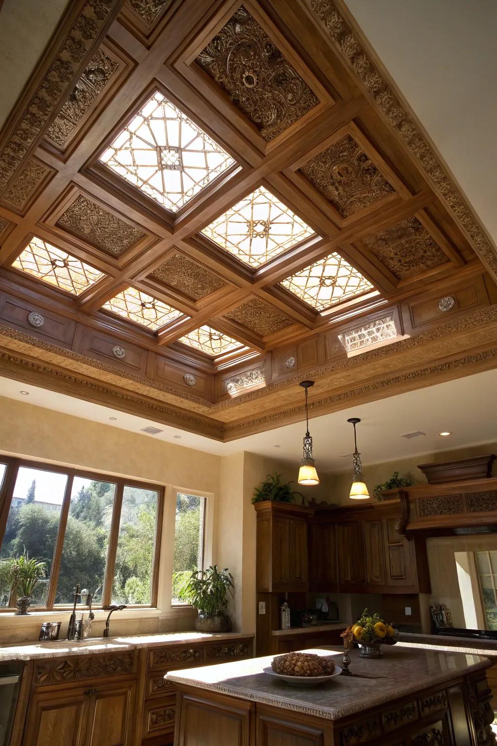 Skylights in a coffered ceiling bring in natural light and warmth.