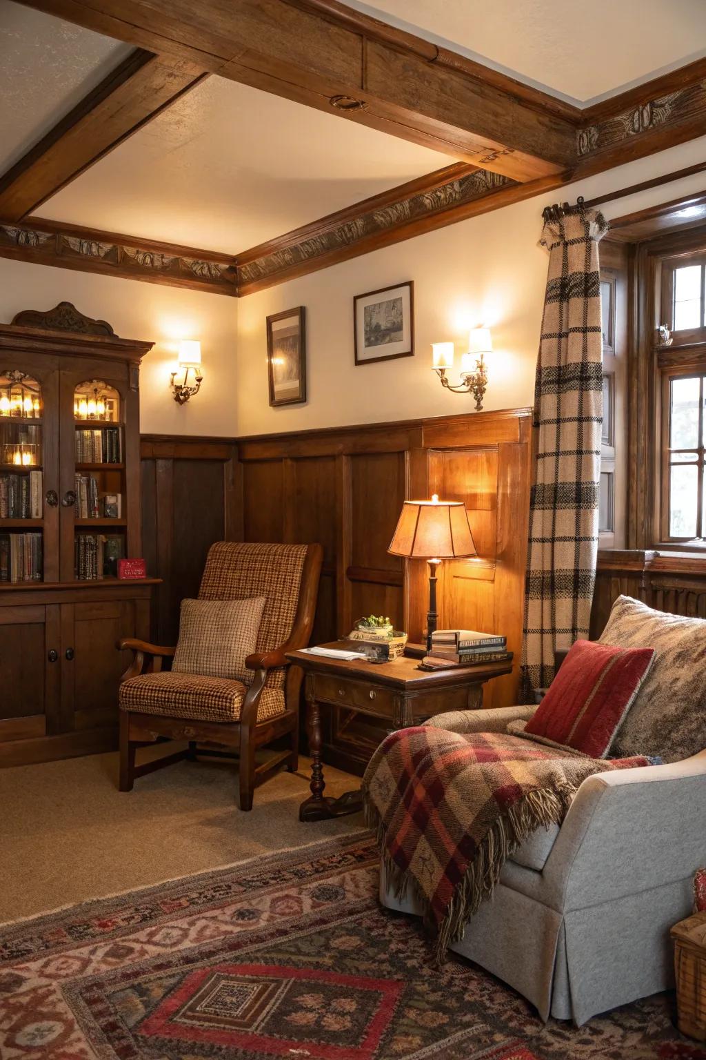 Wood-finished crown molding adds a rustic touch to any space.