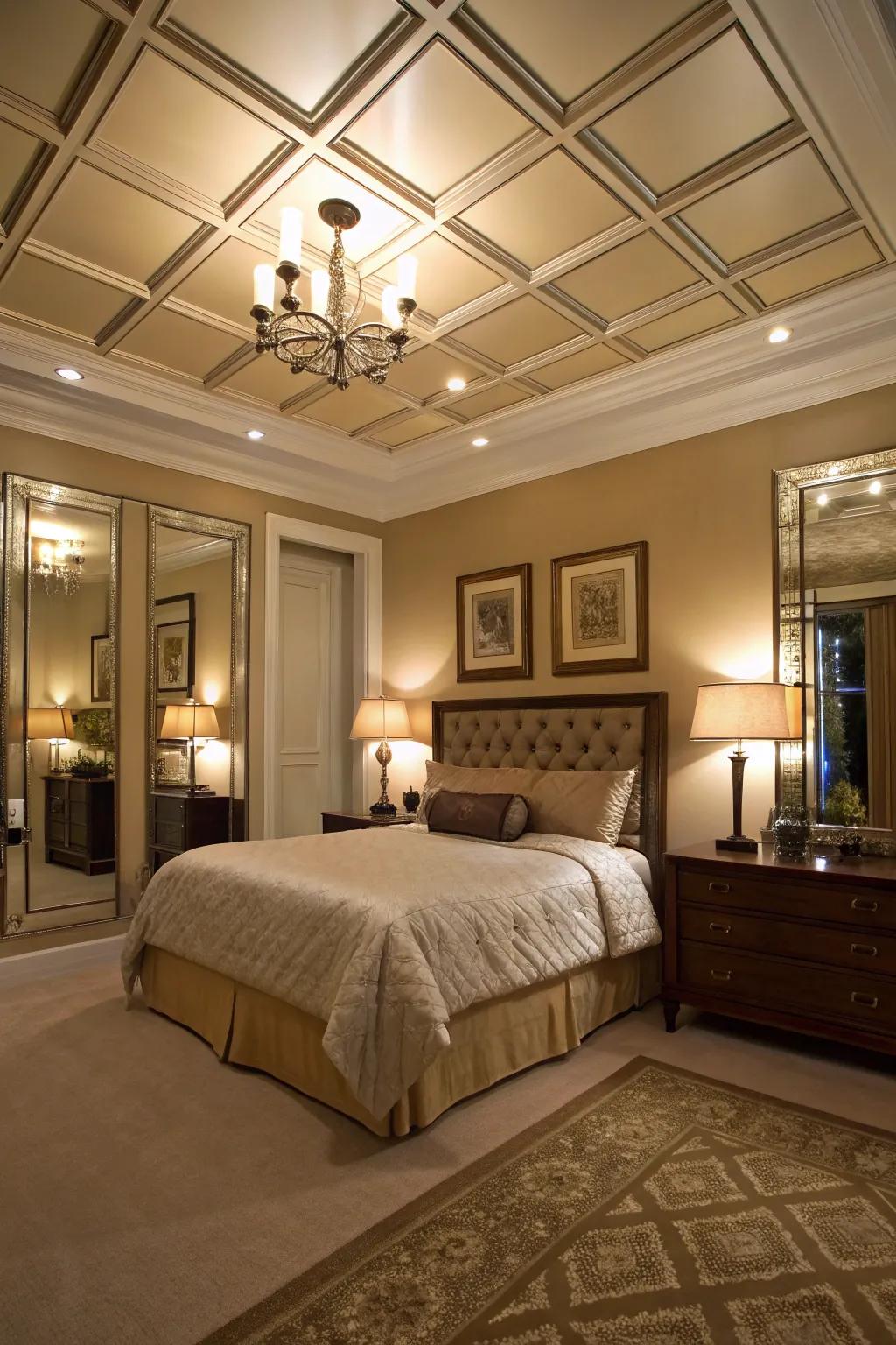 Mirrored panels reflect light, enhancing the room's spaciousness.