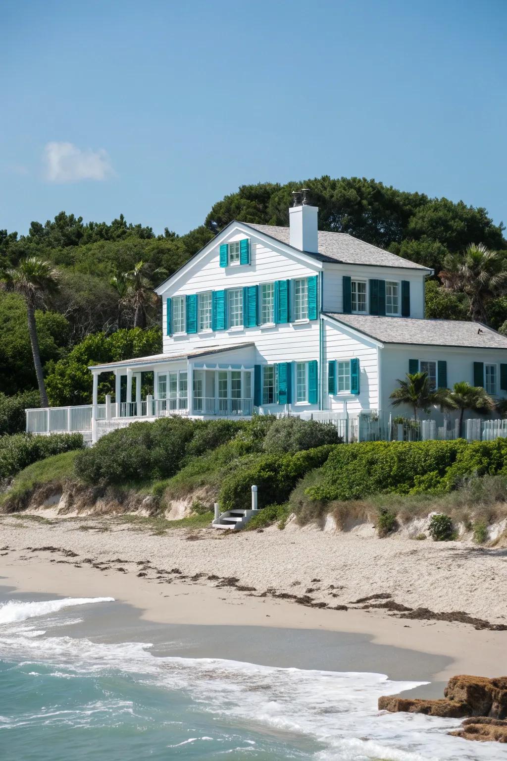 Teal shutters add a refreshing and elegant touch to this coastal home.