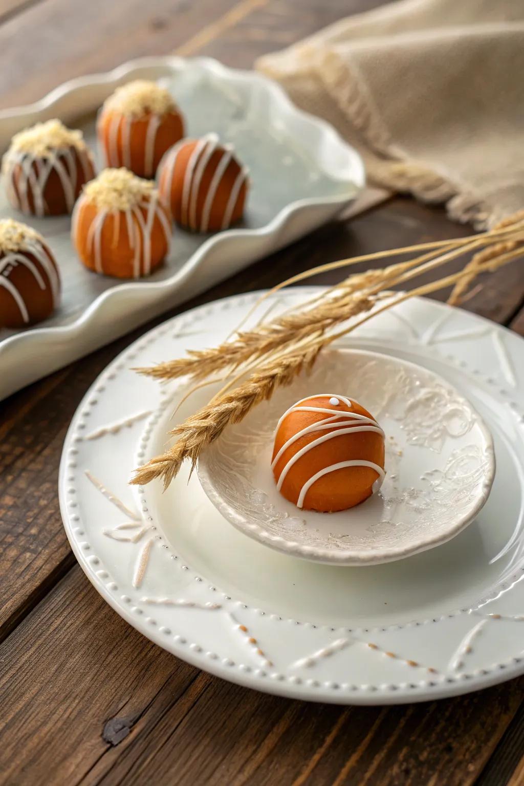 Savor the essence of the season with exquisite pumpkin spice truffles, perfect for a memorable autumn wedding.
