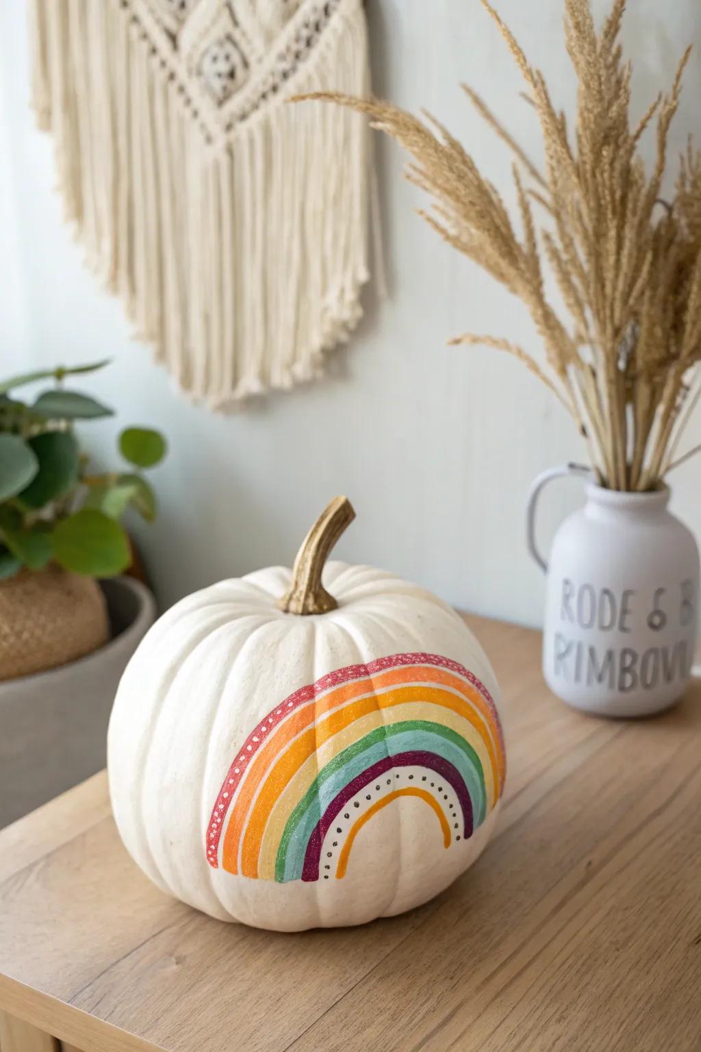 Add a splash of joy to your fall decor with this enchanting rainbow-painted pumpkin! Perfect for a touch of whimsy and color in your minimalist space.
