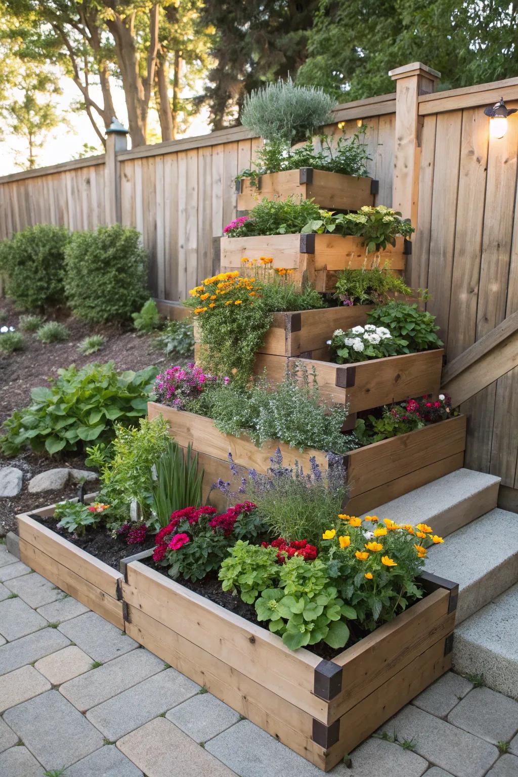 Stacked planters add height and visual interest to your corner garden.