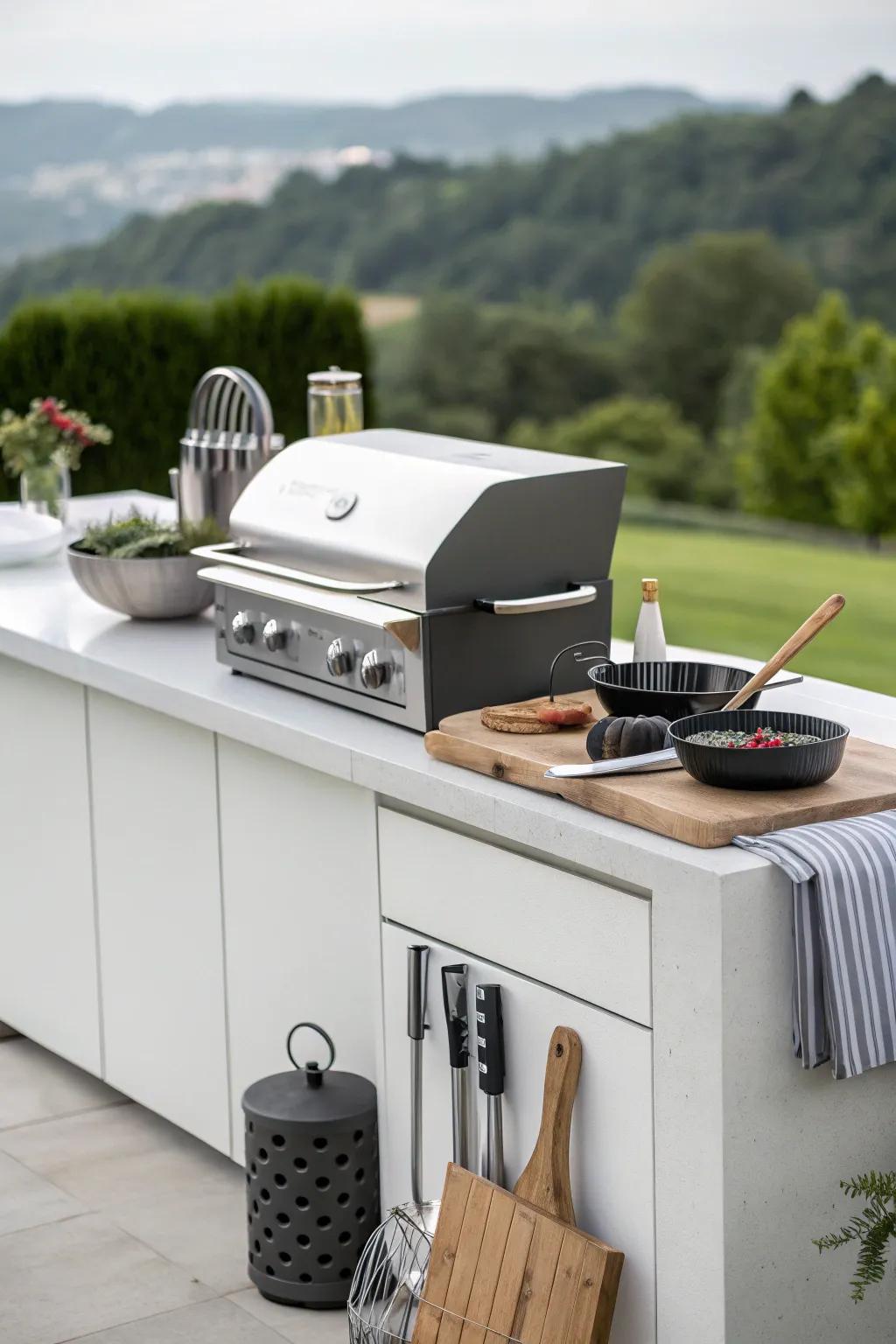 Minimalist designs emphasize functionality and simplicity in outdoor kitchens.
