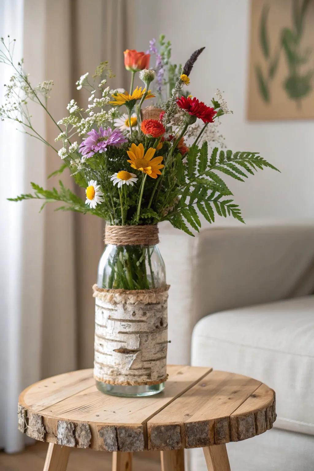 Bring the enchanting forest indoors with this stunning bark-wrapped floral centerpiece.