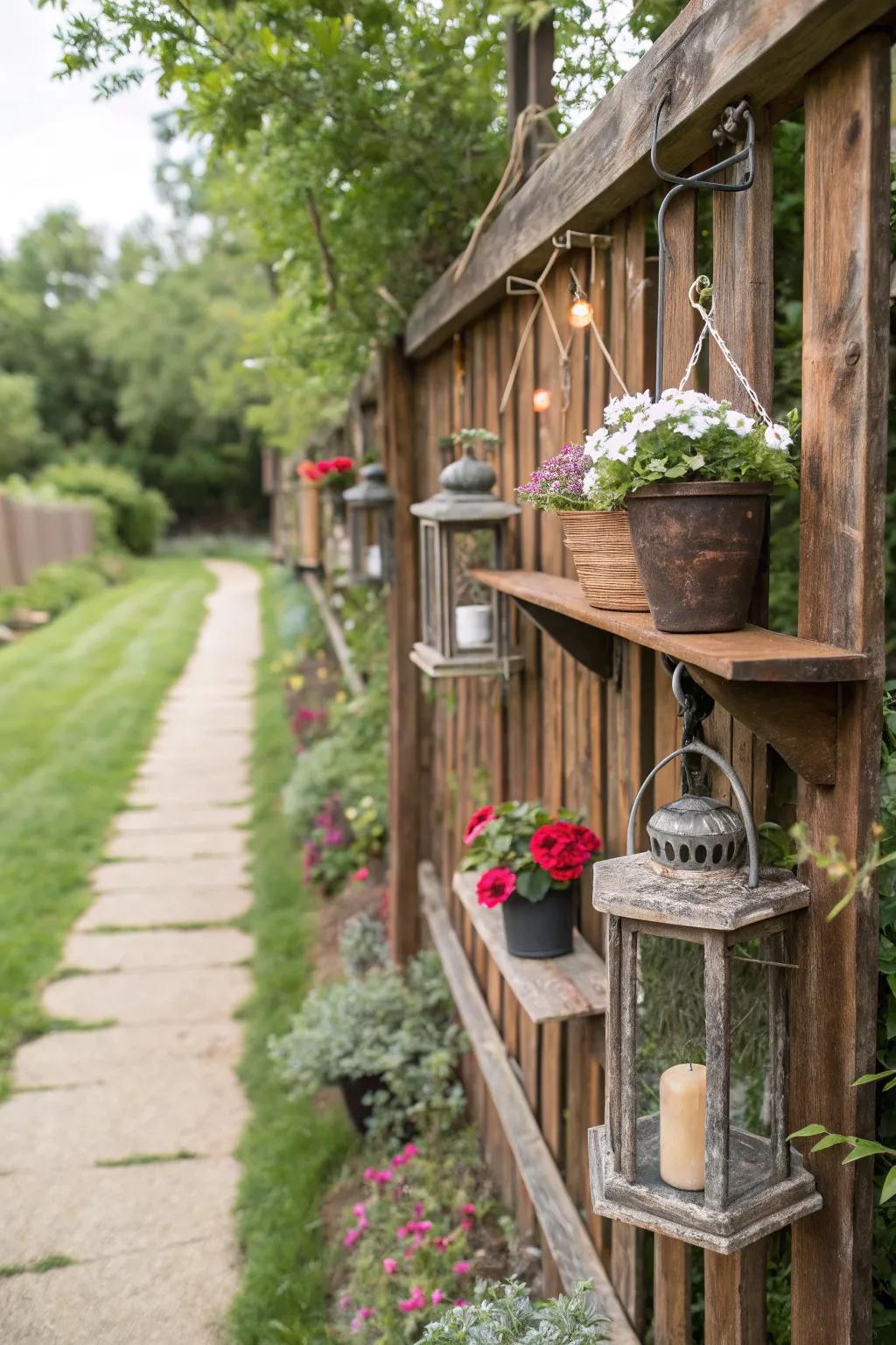 Rustic wooden shelves on a garden fence, showcasing hanging pots and lanterns for an inviting outdoor ambiance.
