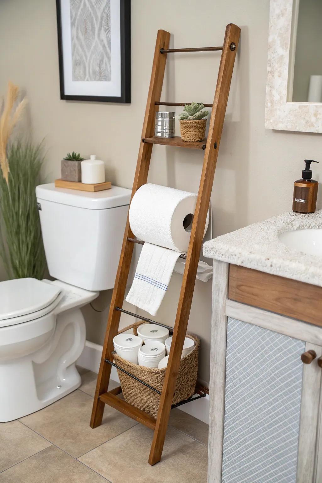 Ladder stands offer a creative and functional storage solution.