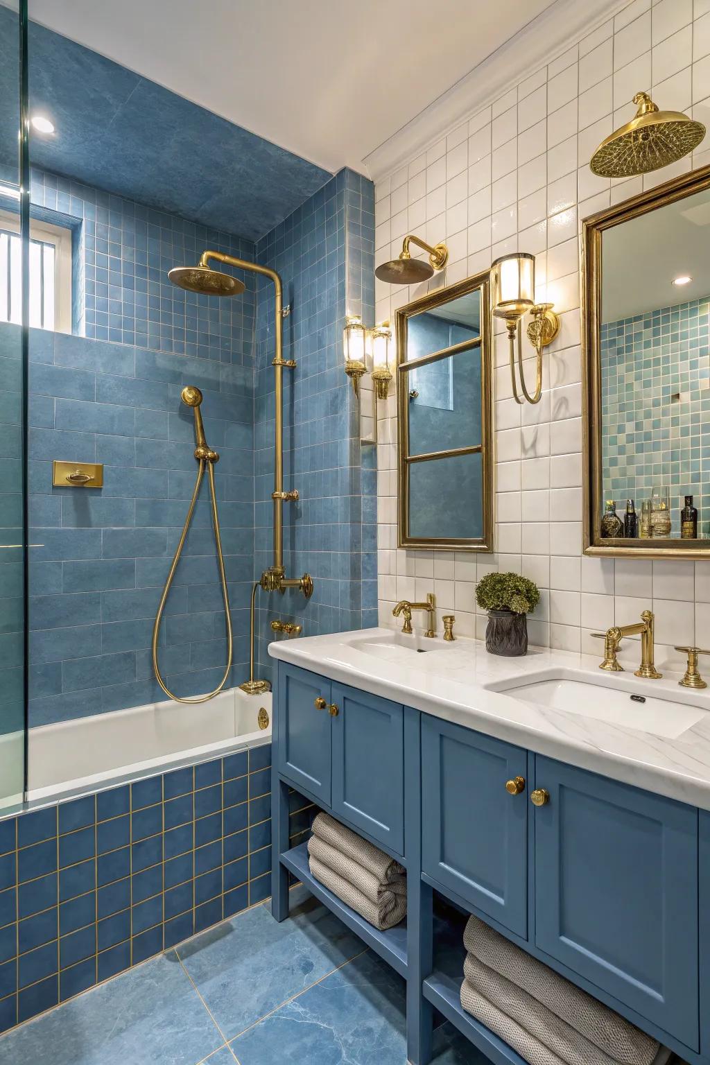 Gold fixtures add a glamorous touch to a blue-themed bathroom.