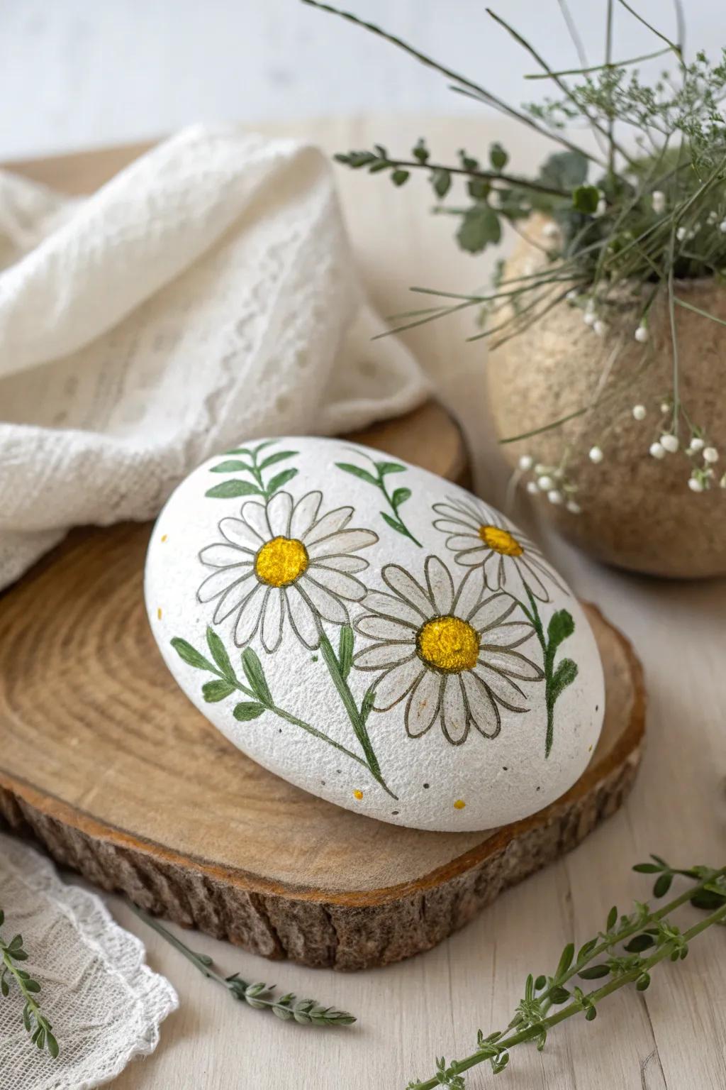 Embrace simplicity with vibrant daisy rock art, a charming touch for any garden path.