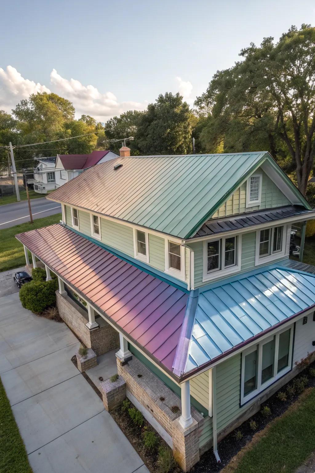 A metal roof with color-shifting Vari-Cool paint.