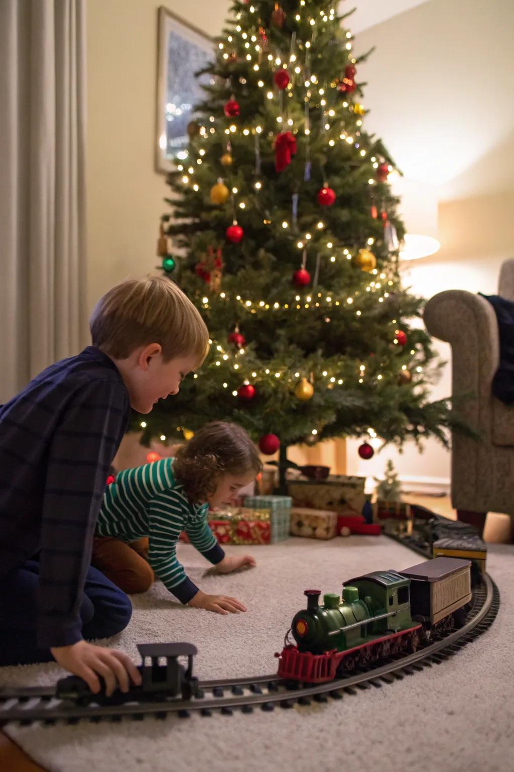 An interactive area encourages family fun around the tree.