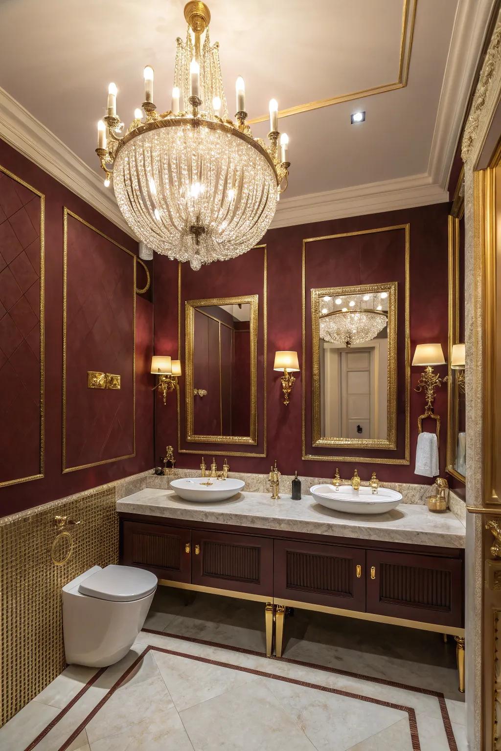 Gold accents add an elegant touch to a maroon bathroom.