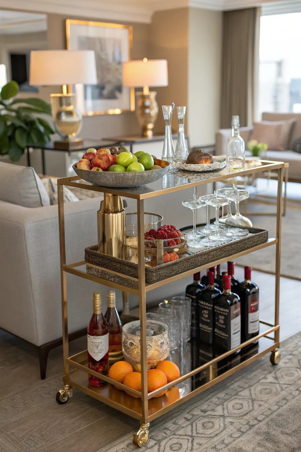 Vintage bar cart stocked for a stylish party