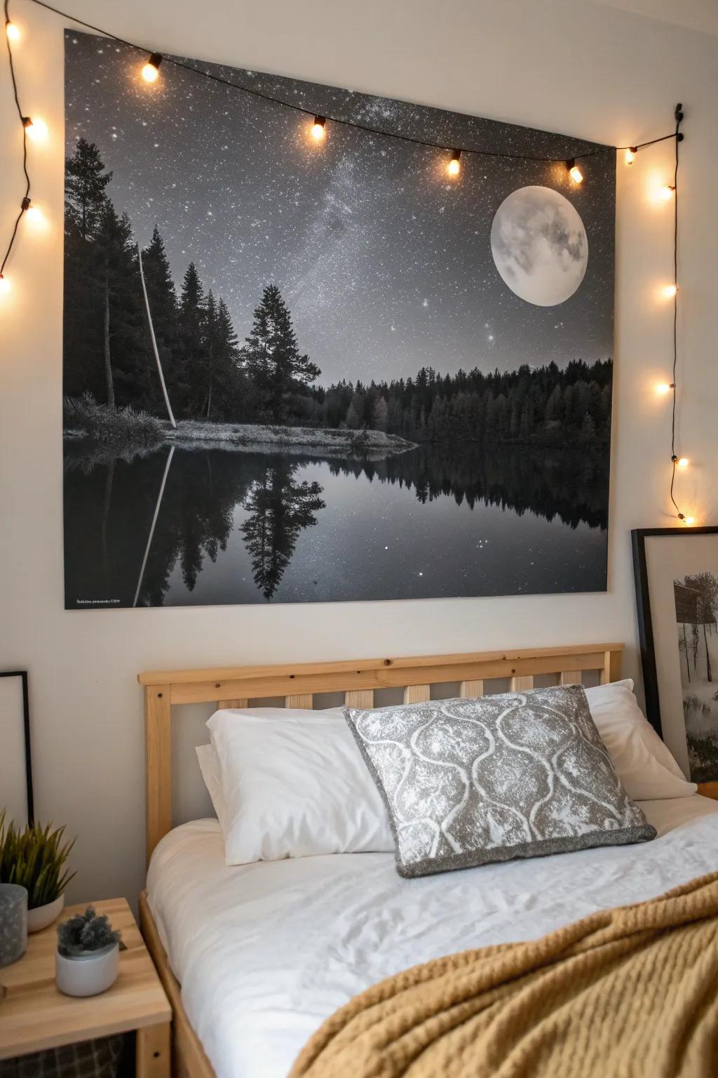 Tranquil nighttime reflections on a lake in monochrome.