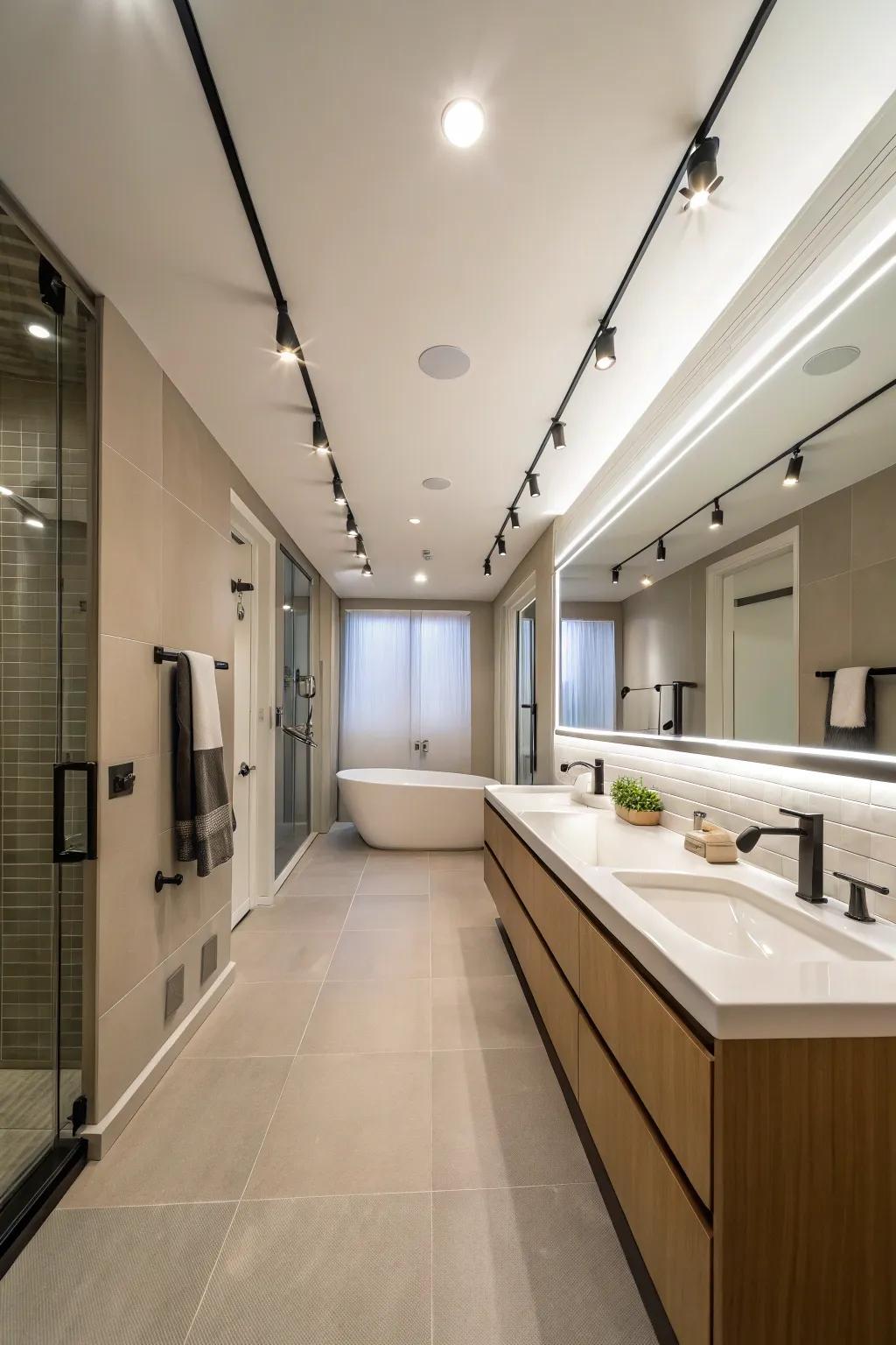 Track lighting enhances the ambiance of a long bathroom.