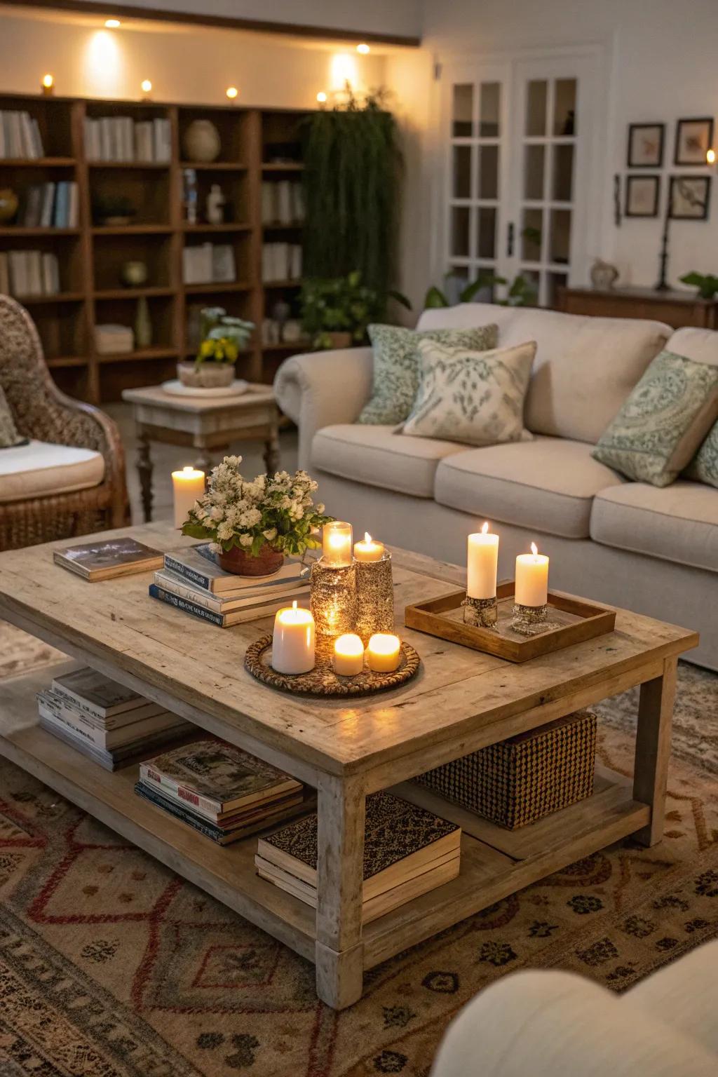Warm lighting enhances the ambiance around a coffee table.
