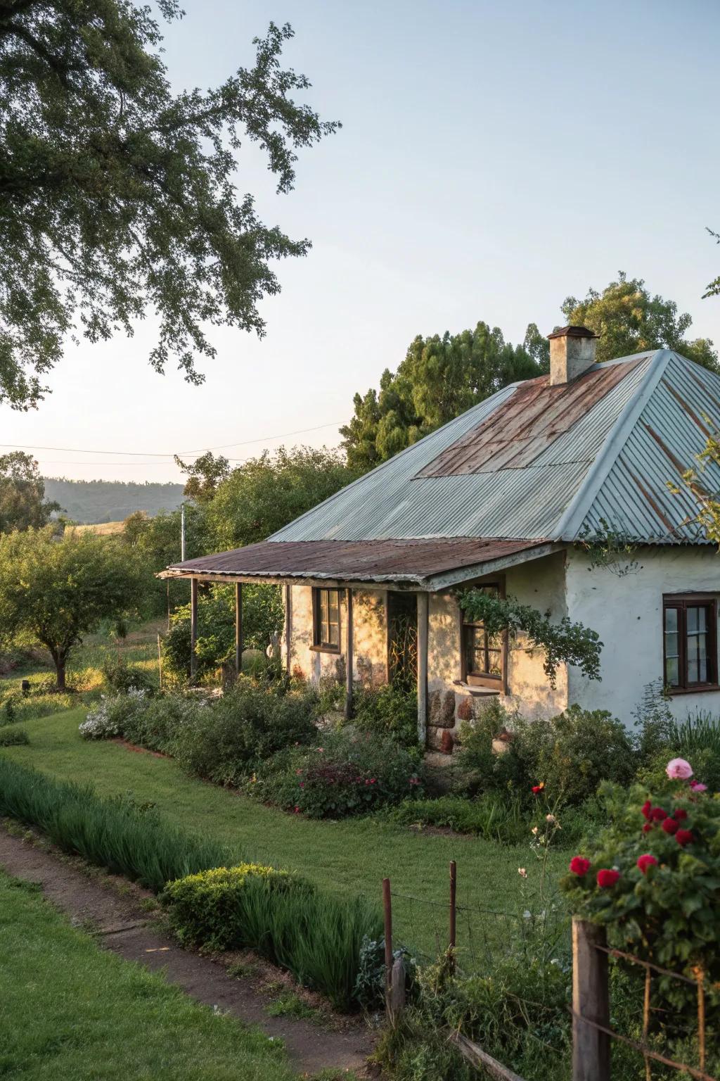 A rustic home with a corrugated metal roof.