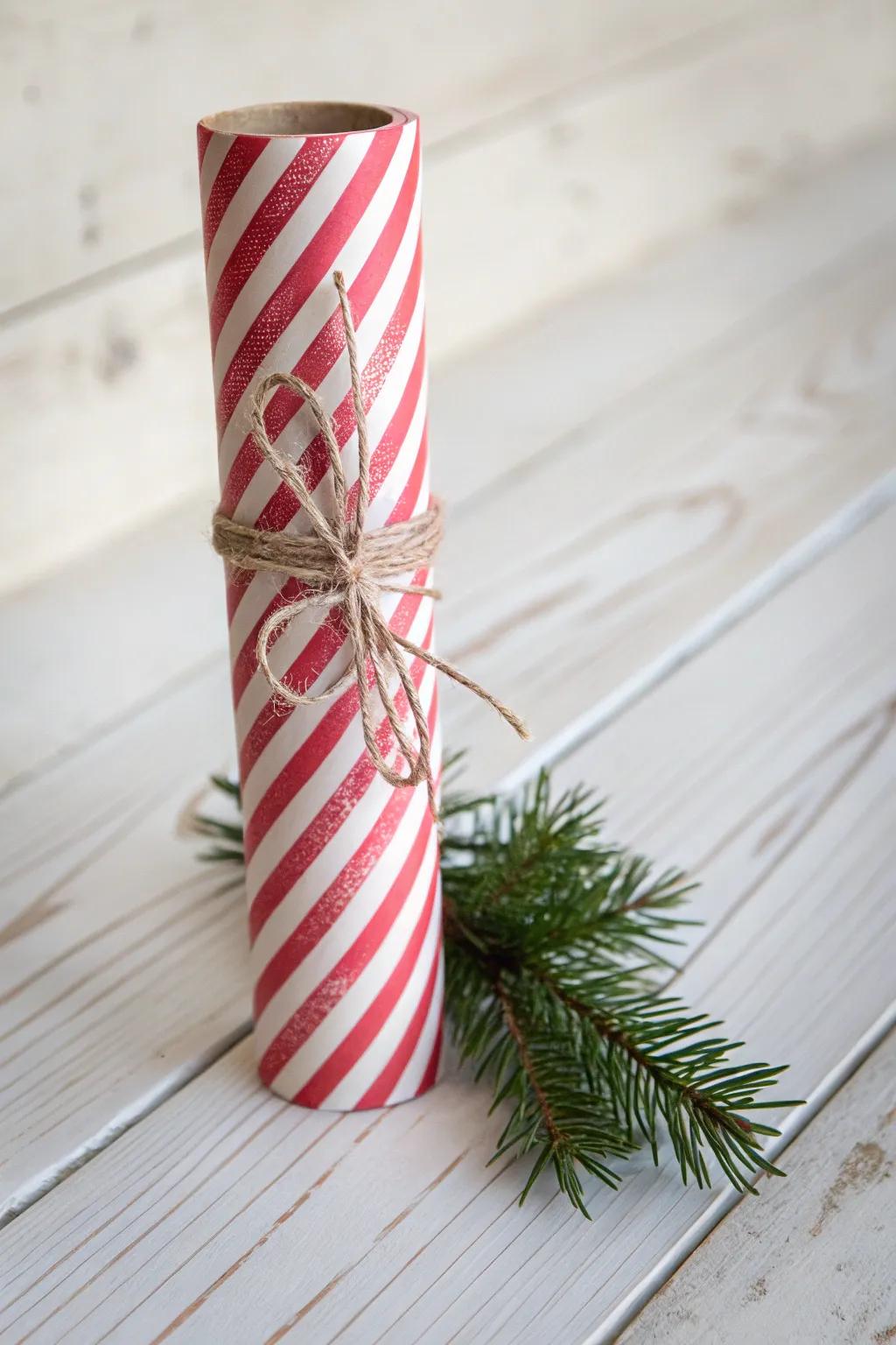 Elevate your gift-wrapping with charming candy cane stripes and a touch of nature.