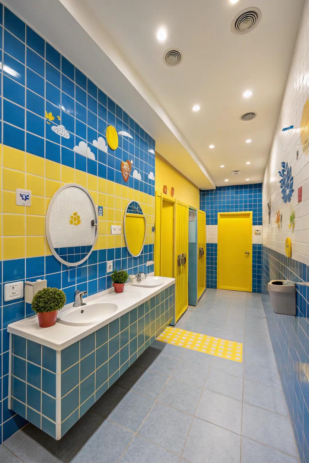 A vibrant color palette brings energy to a shared kid's bathroom.