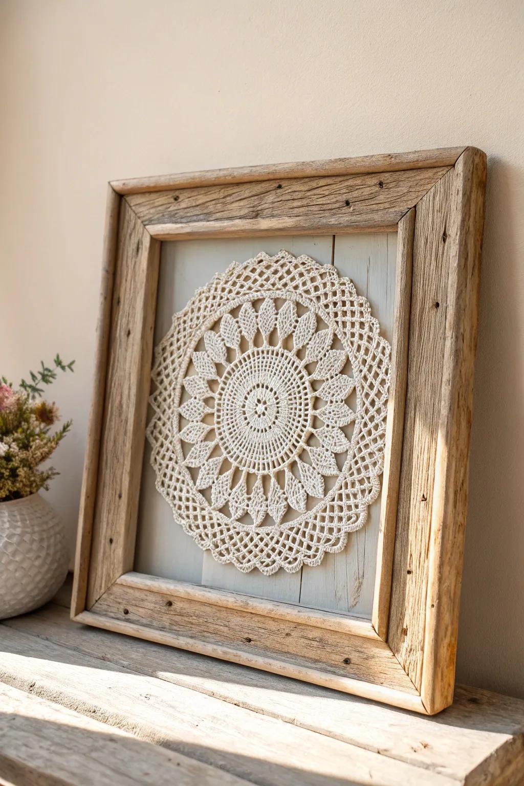 Embrace rustic elegance with lace and wood harmony.