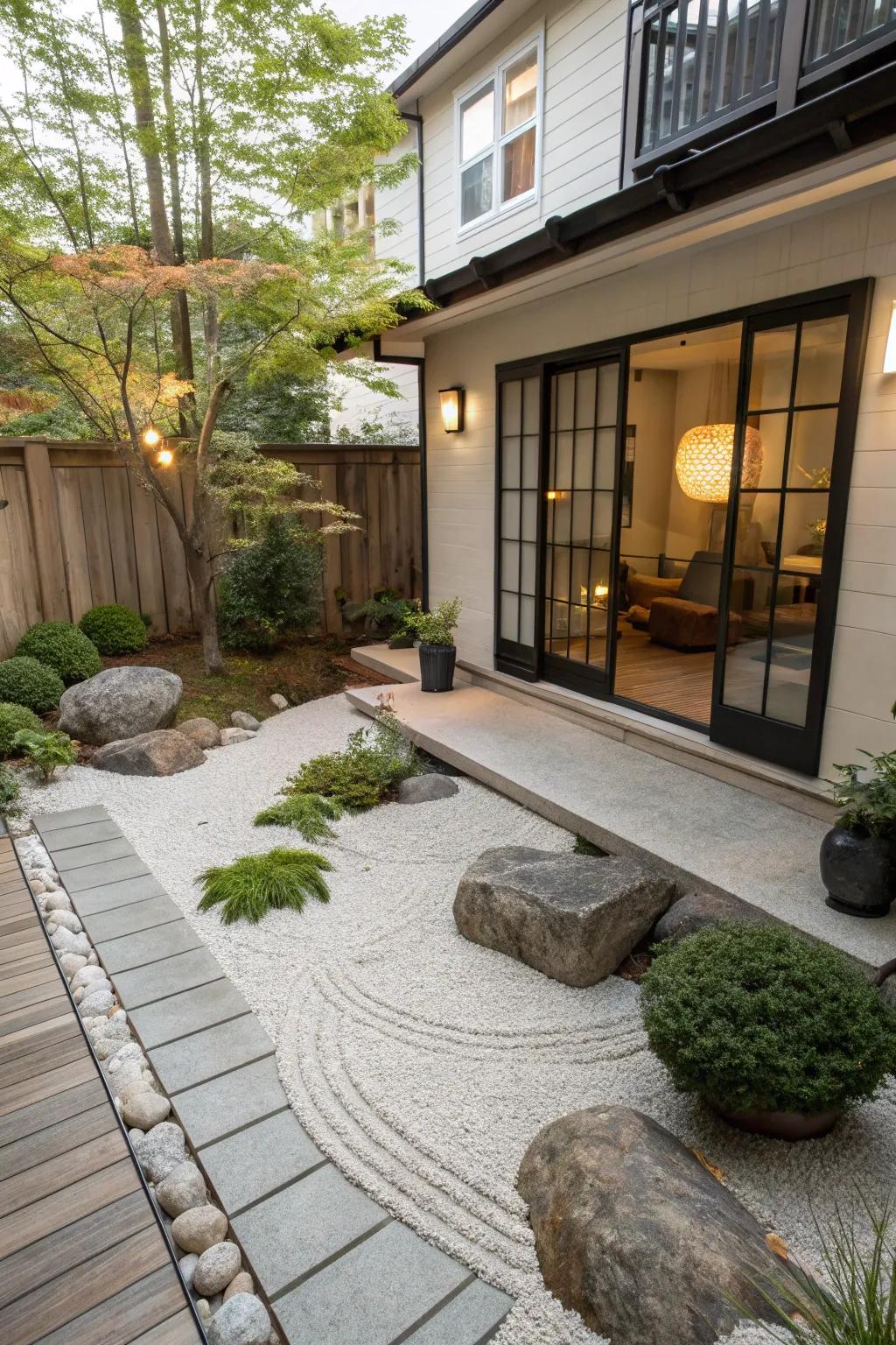 A tranquil Zen garden on a walkout basement patio.