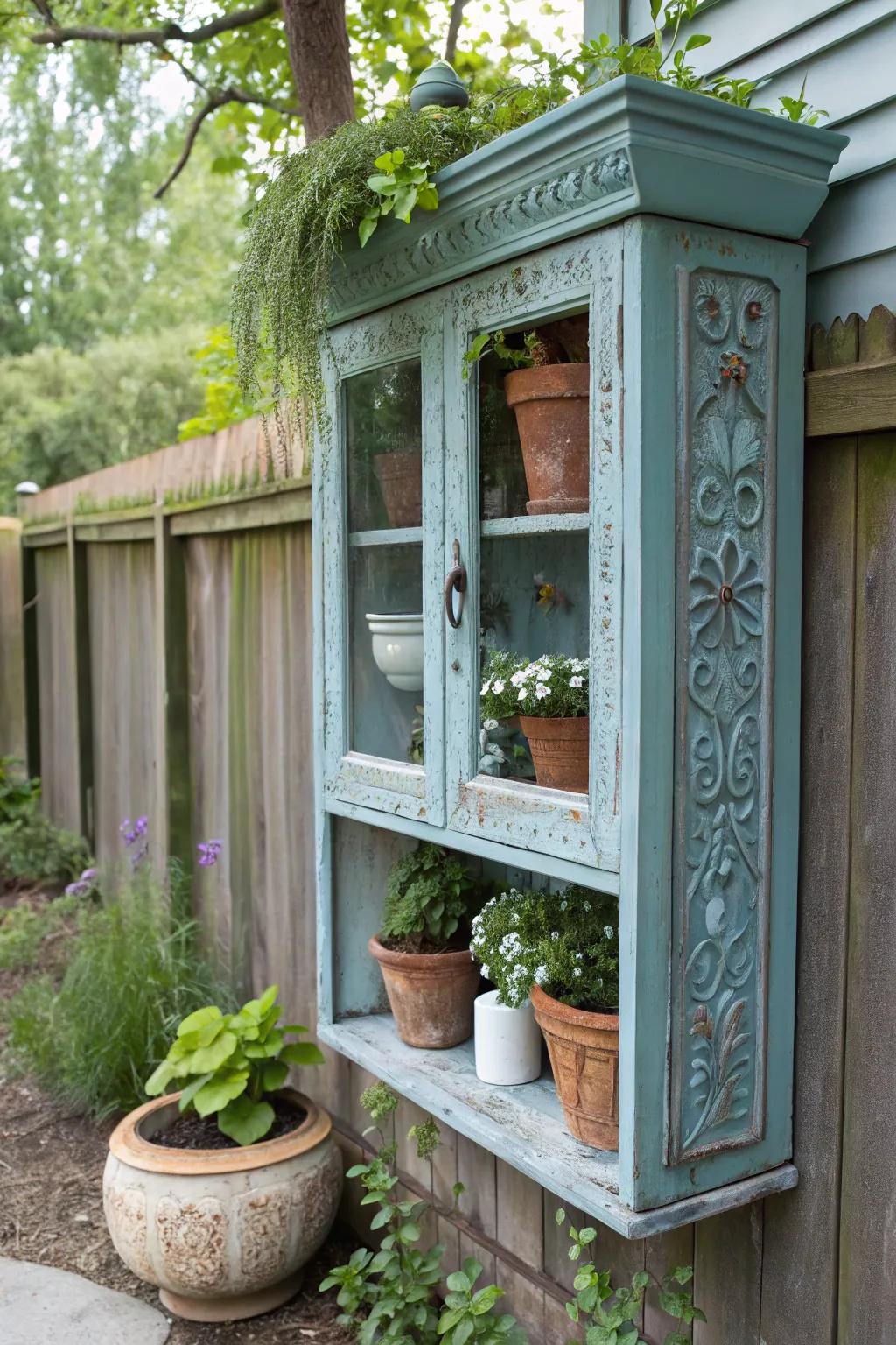A vintage cabinet serves as an outdoor shelf, filled with rustic pots and plants, adding historical charm.