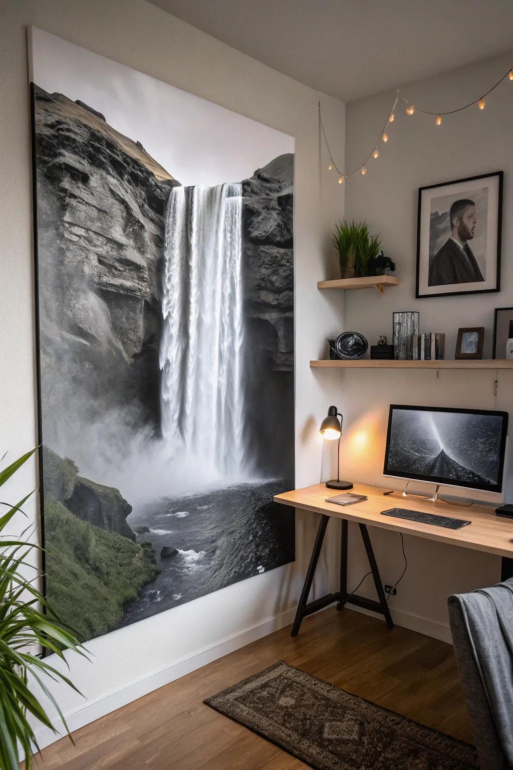 Majestic waterfalls captured in a black and white painting.